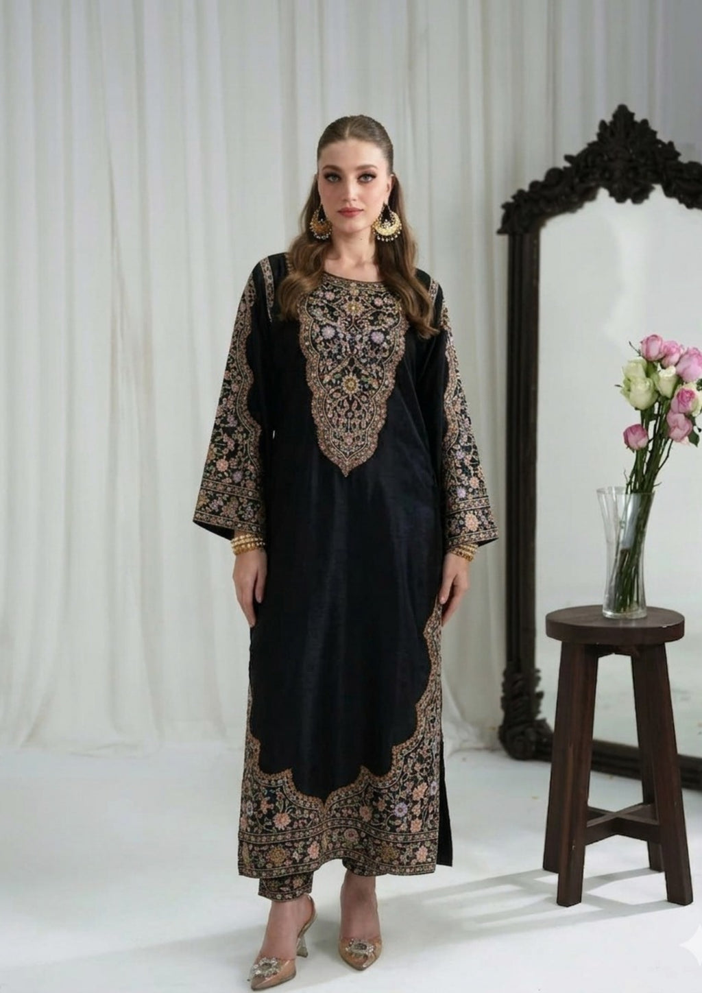 Meherbano: 2-Piece premium Printed Long Shirt Set/ BLACK