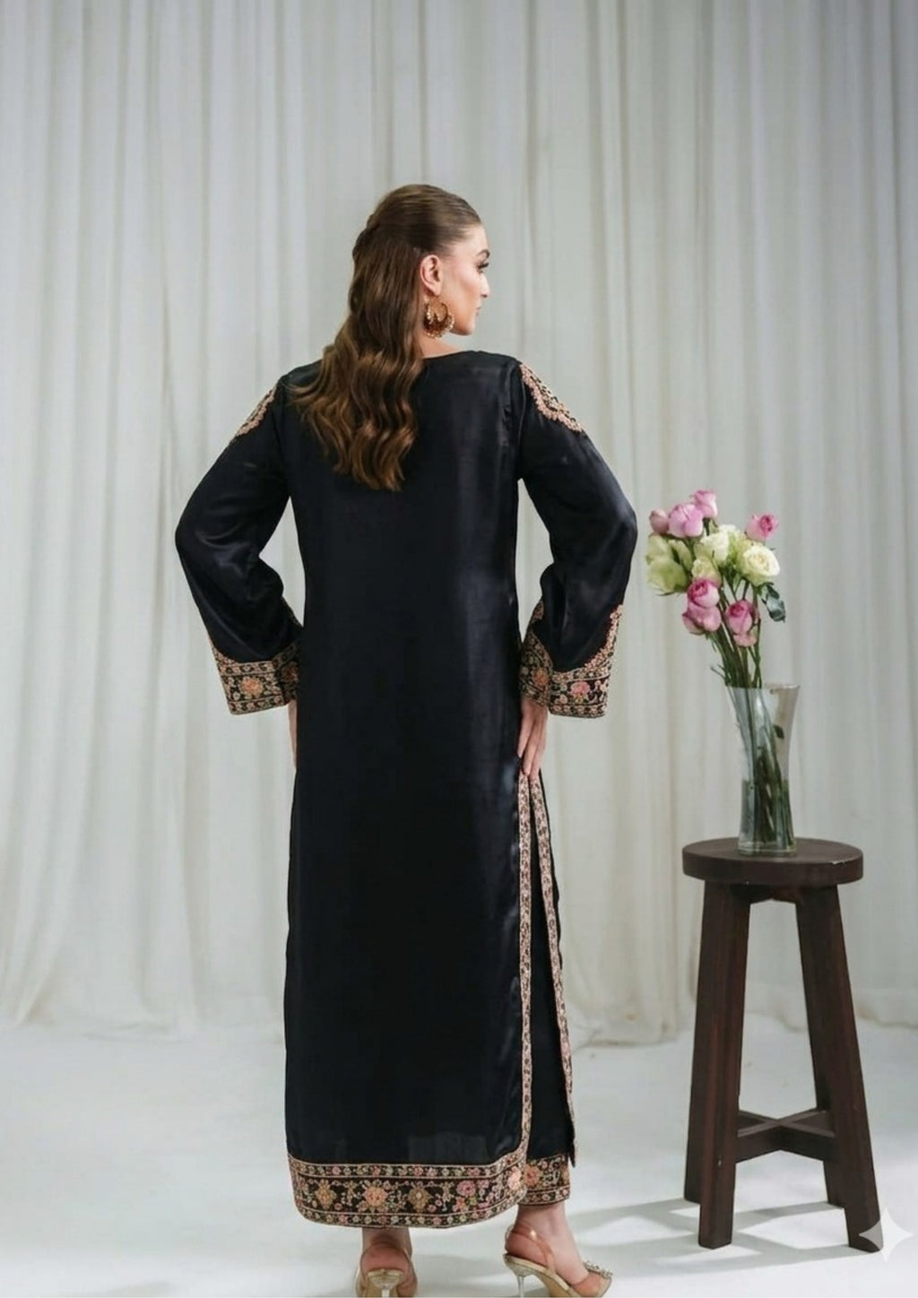 Meherbano: 2-Piece premium Printed Long Shirt Set/ BLACK